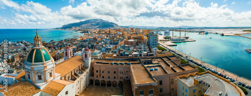 Aerial panoramic view of Trapani harbor, Sicily, Italy. Beautiful holiday town in Italy.