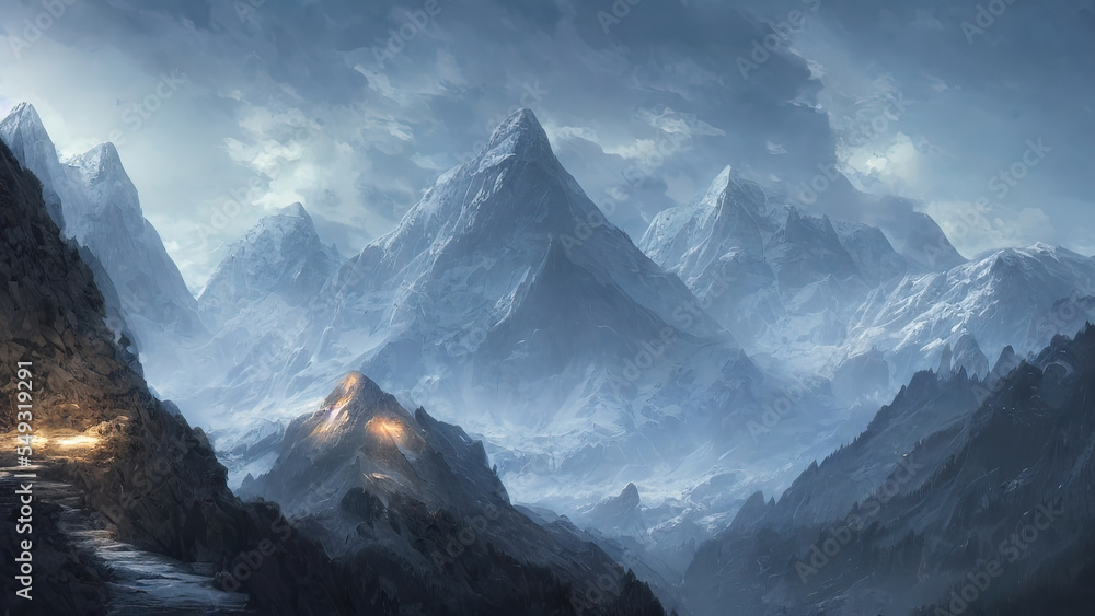 Unreal fantasy mountain landscape. Snowy slopes of mountains, sunset. Beautiful mountain landscape.