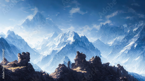 Unreal fantasy mountain landscape. Snowy slopes of mountains  sunset. Beautiful mountain landscape.