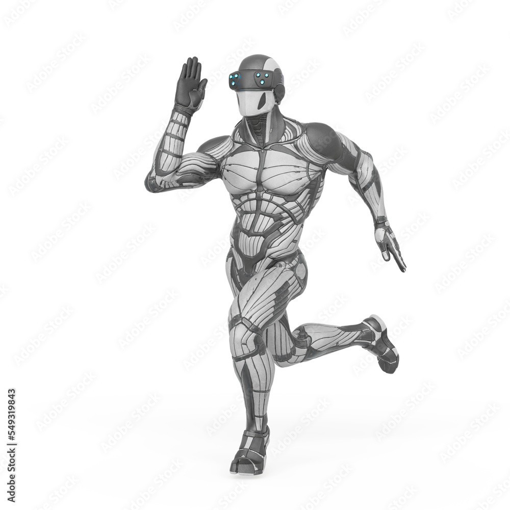 super hero in a exosuit is running in action super hero in a exosuit is running in action