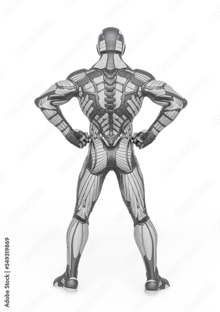 super hero in an exosuit is doing a power pose rear view super hero in an exosuit is doing a power pose rear view