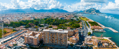 Aerial panoramic view of Palermo town in Sicily. Italy near the Mondello white sand beach in and beautiful lagoon.