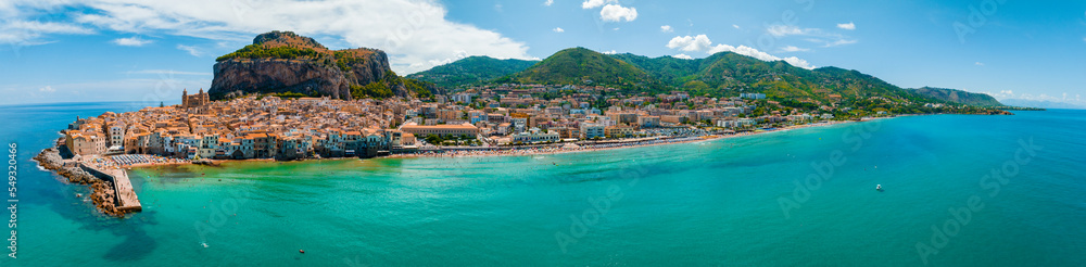 Aerial scenic view of the Cefalu, medieval village of Sicily island, Province of Palermo, Italy