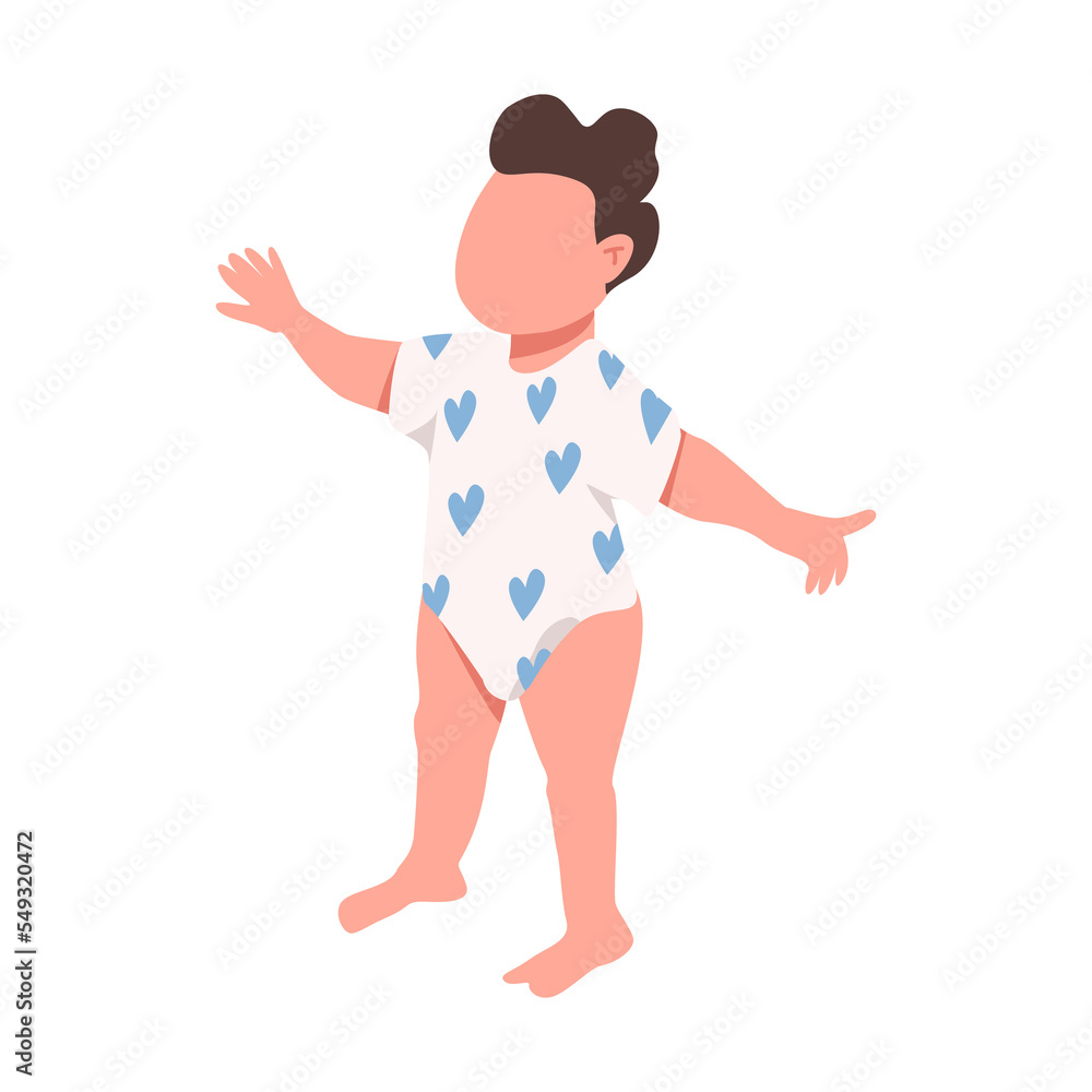 Male baby wearing cute bodysuit with hearts semi flat color raster character. Standing figure. Full body person on white. Simple cartoon style illustration for web graphic design and animation Male baby wearing cute bodysuit with hearts semi flat color raster character. Standing figure. Full body person on white. Simple cartoon style illustration for web graphic design and animation