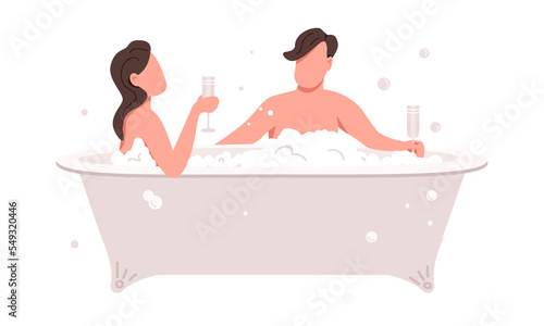 Couple celebrating anniversary in bathtub semi flat color raster characters. Sitting figures. Full body people on white. Simple cartoon style illustration for web graphic design and animation