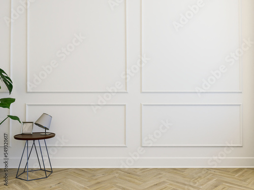 Makieta ściany w klasycznym salonie na tle dekoracyjnej ściany, 3d render