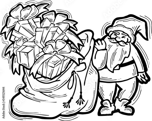 Decorative vector composition. Santa Claus, his big sack full of gifts. Christmas, New Year composition for banner design, party invitation. Hand drawn illustration, cartoon style character drawing.