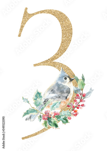 GOLD number digit 3  Watercolor Christmas Woodland forest animal  Bird with holly berry  winter flowers Noel  new year decor. Merry Christmas   table number  greeting cards  logo  milestone year month