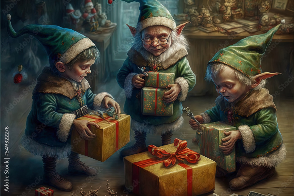 Fototapeta premium Christmas Elves helping to wrap presents and put them under the tree