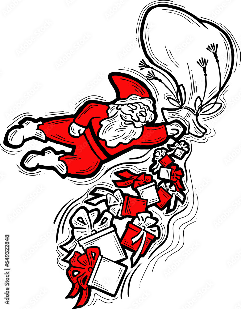 Decorative composition with Santa Claus, his big sack full of gifts. Christmas and New Year composition for banner design, party invitation. Hand drawn illustration, cartoon style character drawing. Decorative composition with Santa Claus, his big sack full of gifts. Christmas and New Year composition for banner design, party invitation. Hand drawn illustration, cartoon style character drawing.