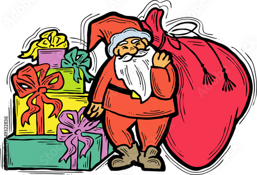 Decorative composition with Santa Claus  his big sack full of gifts. Christmas and New Year composition for banner design  party invitation. Hand drawn illustration  cartoon style character drawing.
