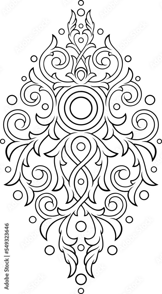 Stylized contour Victorian Gothic ornament with circle. Tattoo, ornamental design element, for mehndi
