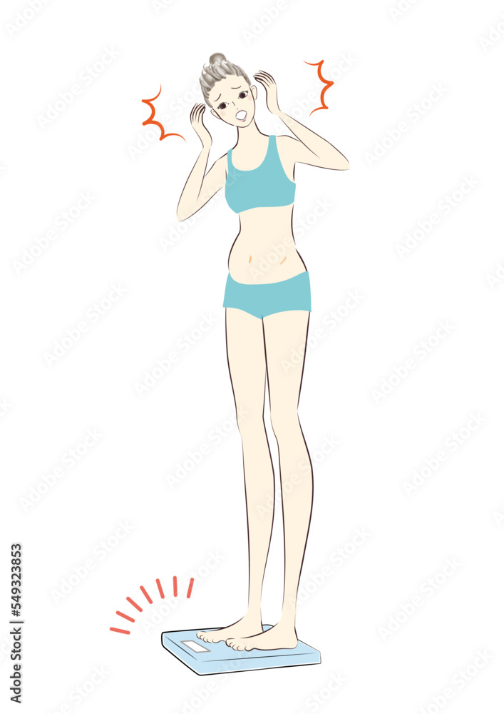 体重計に乗る太ってショックを受ける女性イラスト 体重計に乗る太ってショックを受ける女性イラスト