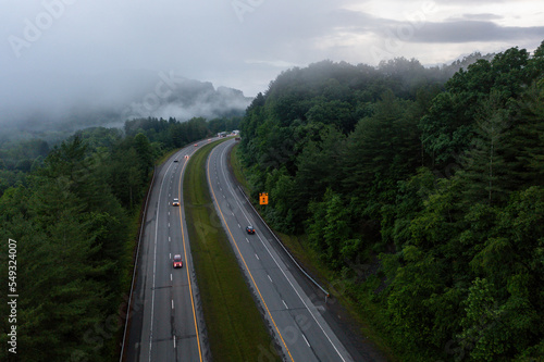 US Route 19 / Robert C. Byrd Appalachian Highway - Four-Lane Freeway on Foggy Evening - Oak Hill, West Virginia