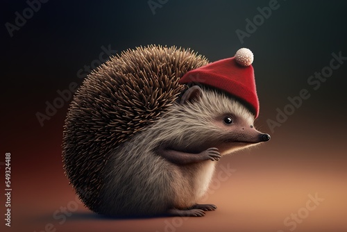 Leinwand Poster Cute hedgehog with christmas hat, 3d render