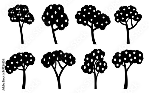 Orchard fruit trees black silhouette set. Summer harvest ripe cherry apple pear plum lemon peach apricot. Fruit tree green garden flat cartoon illustration. Natural organic park isolated on white