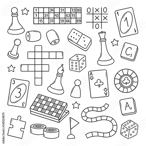 Board games doodle set. Checkers, chess, cards, backgammon in sketch style. Hand drawn vector illustration isolated on white background