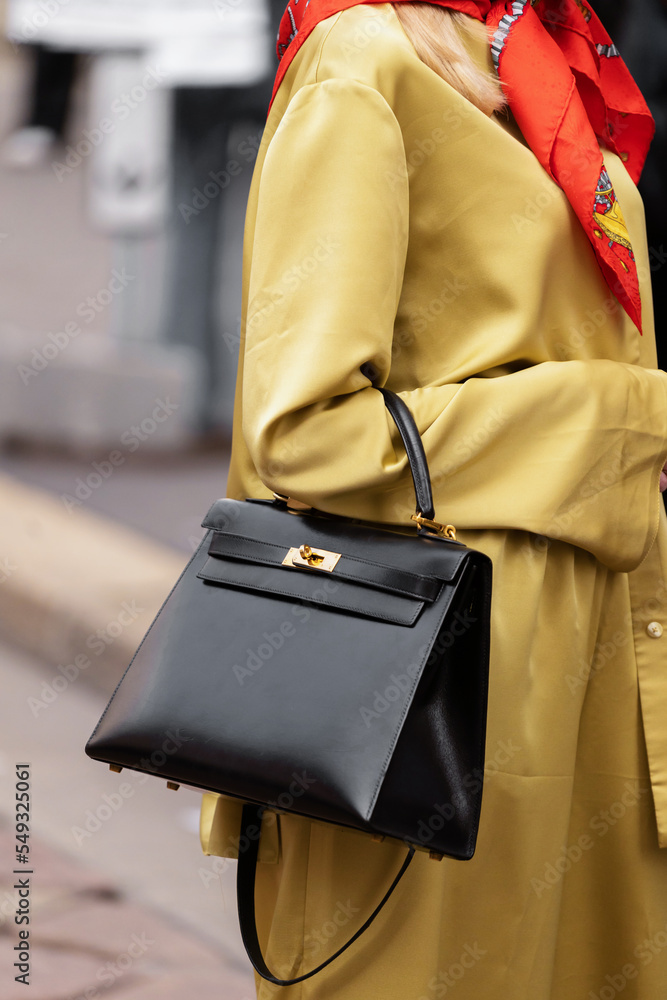 Milan, Italy - September, 25: Woman Influencer Wearing Blue Hermes Kelly Bag.  Fashion Blogger Outfit Details Editorial Stock Image - Image of leather,  milan: 262435829