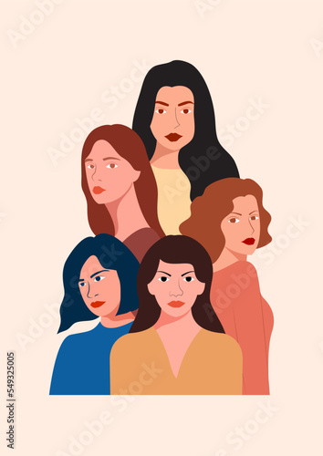 Abstract vector illustration of women coming together in friendship with solidarity and brotherhood of different nationalities.