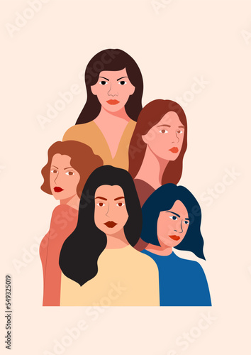 Abstract vector illustration of women coming together in friendship with solidarity and brotherhood of different nationalities.