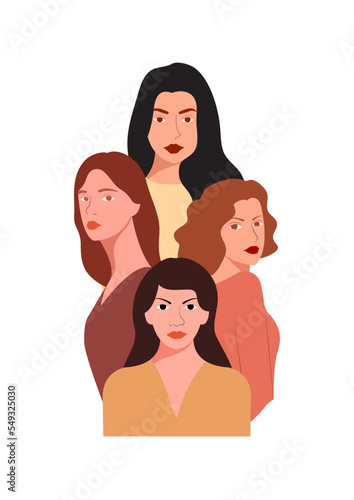 Abstract vector illustration of women coming together in friendship with solidarity and brotherhood of different nationalities.