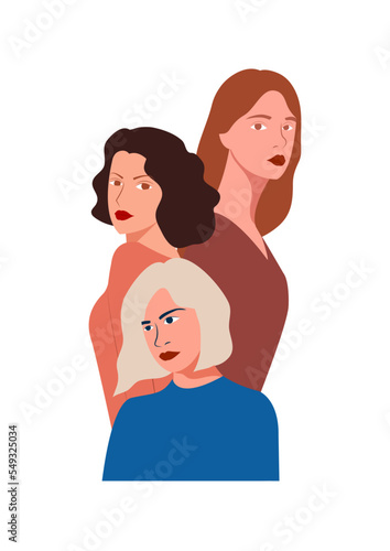 Abstract vector illustration of women coming together in friendship with solidarity and brotherhood of different nationalities.