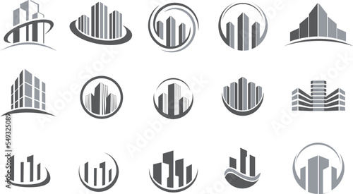 real estate logo design collection. Building icon set. Towers symbol vector bundle. Apartments rent brand
