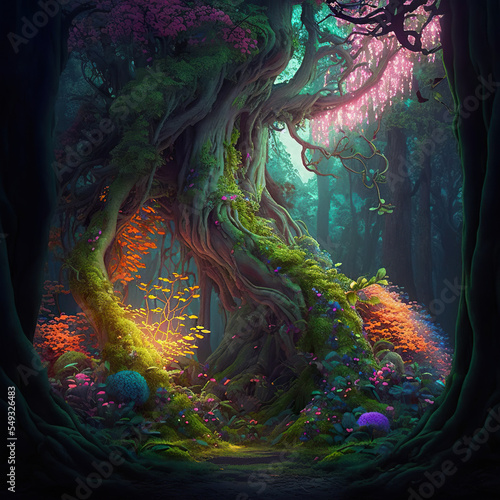 A magical fantasy forest with colorful luminous plants and old gnarled trees, fog in the distance, oil painting.