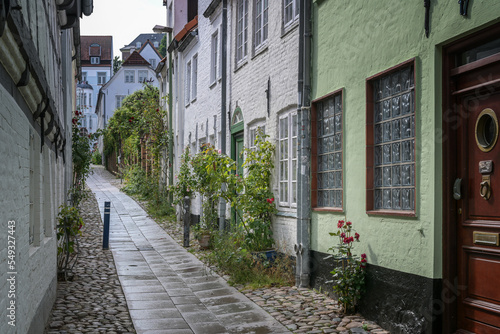 Fototapeta Naklejka Na Ścianę i Meble -  Flensburg old town, typical narrow alley between small city houses with roses on the facades in the cobblestones, tourist destination, selected focus