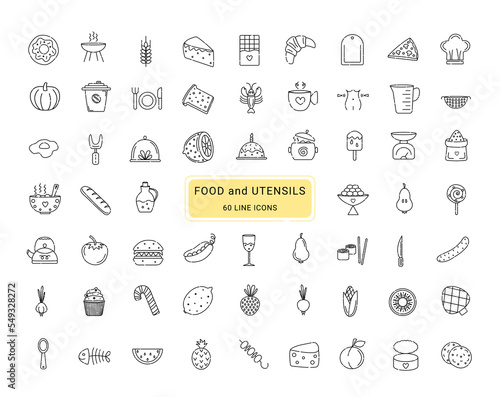 Food and utensils icon set, 60 line vector symbols