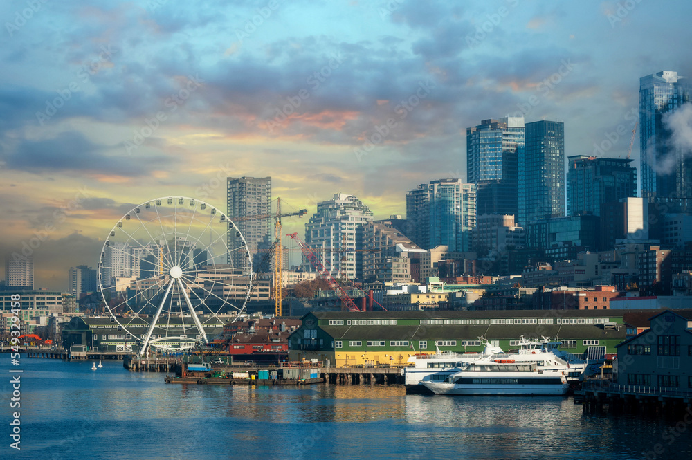 Colorful Seattle, Washington, Waterfront At Sunrise.  View of the newly renovated attractions along the waterfront area without the old viaduct. 