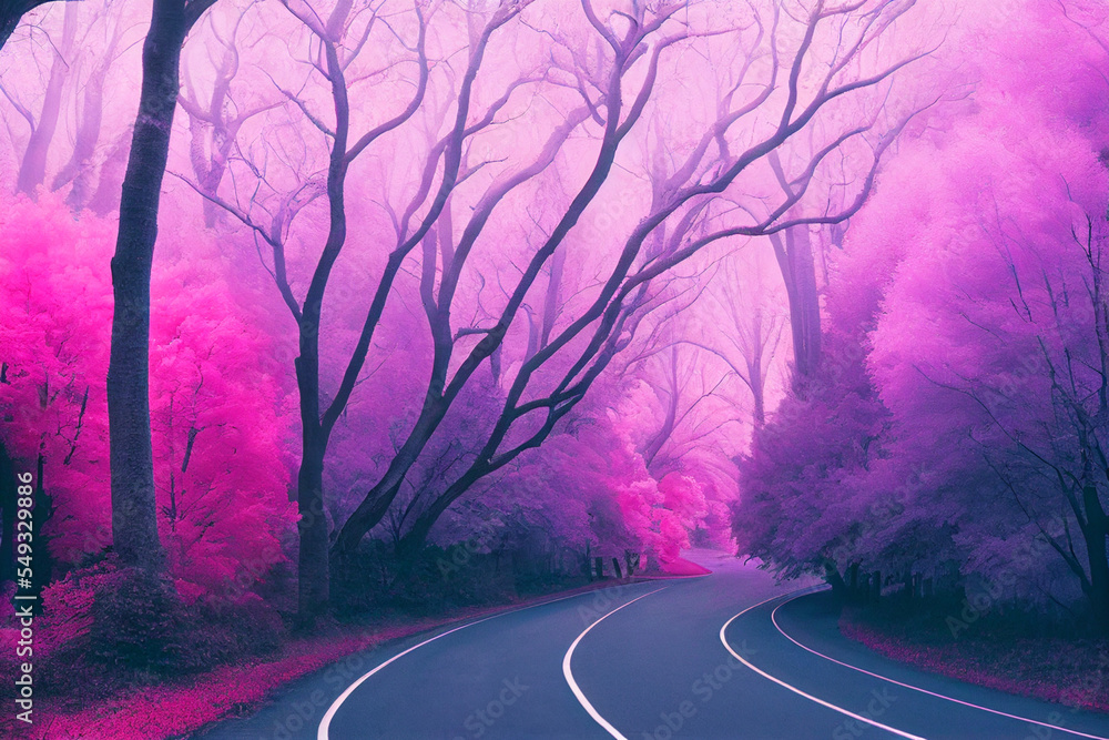 Fototapeta premium A lonely road through a forest of overhanging trees, an infrared illustration with pink hues.