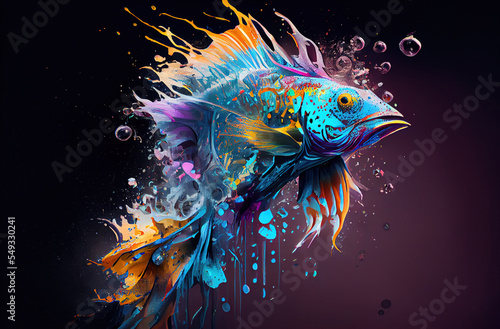 Colorful fish illustration on of a splash of paint background. colorful paints smudges, spatter. generated sketch art 