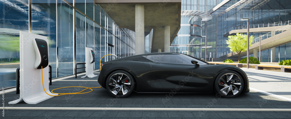 Absolutely generic and brandless electric sport car charging, Future electric vehicle concept, 3d render Absolutely generic and brandless electric sport car charging, Future electric vehicle concept, 3d render