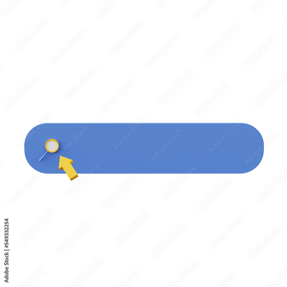 3D icon search bar for website. Navigation search for browser. Realistic 3d arrow, cursor. Yellow and blue color. Creative concept design in cartoon style. 3D rendering. Cartoon style.