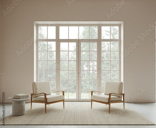 Cozy reading space near the panoramic window  with two wooden armchairs  woven carpet on concrete floor. Book club or conversation space. 3d render