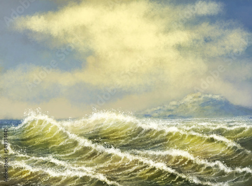 Beautiful morning at sea, morning breeze, beautiful waves. Digital watercolor paintings sea landscape, waves on the sea