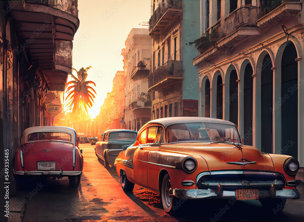 Vibrant illustration of American vintage cars in Havana, Cuba at sunset. Colorful exotic retro Havana's streets make a magnigicent magical cityscape., Generative AI - obrazy, fototapety, plakaty 
