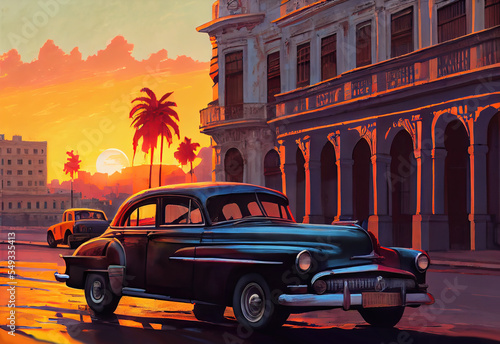 Vibrant illustration of American vintage cars in Havana, Cuba at sunset. Colorful exotic retro Havana's streets make a magnigicent magical cityscape., Generative AI