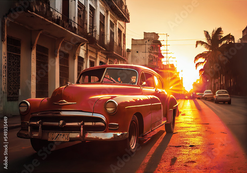 Vibrant illustration of American vintage cars in Havana, Cuba at sunset. Colorful exotic retro Havana's streets make a magnigicent magical cityscape, Generative AI