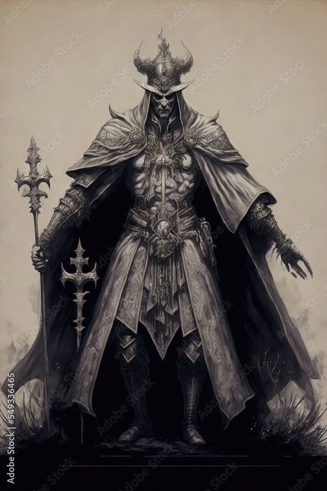 drawing of satanic pope crusader stands on dirty ground with