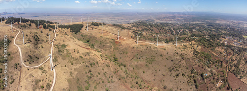 Panoramic aerial view of wind turbines or windmills in Kenya near Nairobi.