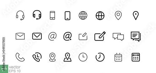 Contact us icon set. Simple flat style. Phone, smartphone, email, location, house, globe, address, chat, business card concept. Vector illustration isolated on white background. EPS 10.