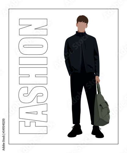 Fashion guy in stylish clothes in flat style. The guy on a stylish background with the inscription fashion