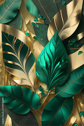 Pattern leaves gemstone emerald 3d render abstract background, modern, elegant, luxury. Artistic vertical template for design