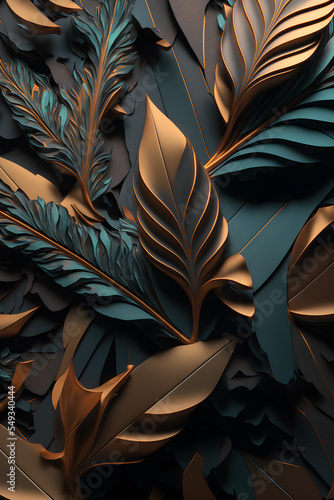 Pattern leaves stone 3d render abstract background, modern, elegant. Artistic vertical template for design