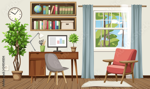 Room interior with a desk  an armchair  bookshelves  a window  and a big ficus tree. Retro interior design. Cartoon vector illustration