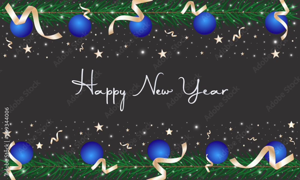 custom made wallpaper toronto digitalVector Happy New Year decoration on dark background. Seamless holiday border, frame with fir tree branches decorated with blue Christmas balls, lights, golden confetti and stars