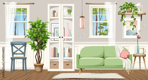 Beautiful room interior with a sofa, a white bookcase, two windows with tulle curtains, and houseplants. Cozy interior design. Cartoon vector illustration