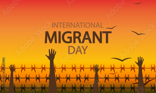 International Migrant Day hands behind barbed wire, vector art illustration.